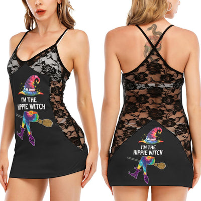 TieDye Hippie Witch Halloween All-Over Print Women Black Lace Cami Dress, Slay Nightwear For Women - Wonder Skull