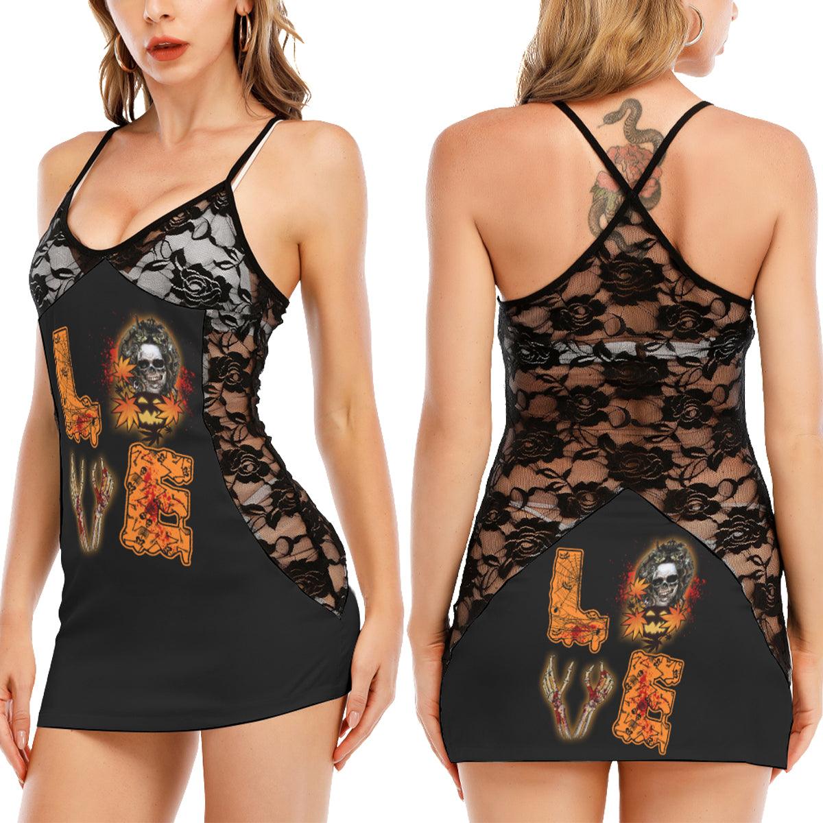 Halloween Skull Love All-Over Print Women Black Lace Cami Dress, Slay Nightwear For Women - Wonder Skull