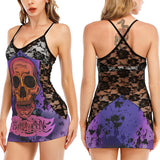 Halloween Purple & Orange Skull All-Over Print Women Black Lace Cami Dress, Hot Nightwear For Women - Wonder Skull
