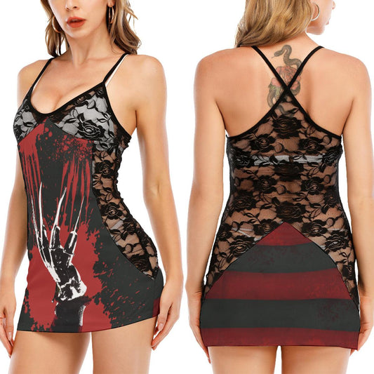 Horror Bloody Claw All-Over Print Women Black Lace Cami Dress, Sexy Sweet Dream Artwork Nightwear For Women - Wonder Skull