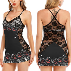 Halloween Red & White Pumpkin All-Over Print Women Black Lace Cami Dress, Slay Nightwear For Women - Wonder Skull