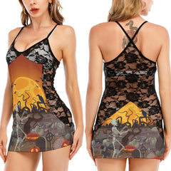 Halloween Skull Dancing Party All-Over Print Women Black Lace Cami Dress, Sexy Artwork Nightwear For Women - Wonder Skull