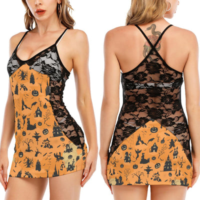Halloween Pumpkin Castle Pattern All-Over Print Women Black Lace Cami Dress, Sexy Nightwear For Women - Wonder Skull