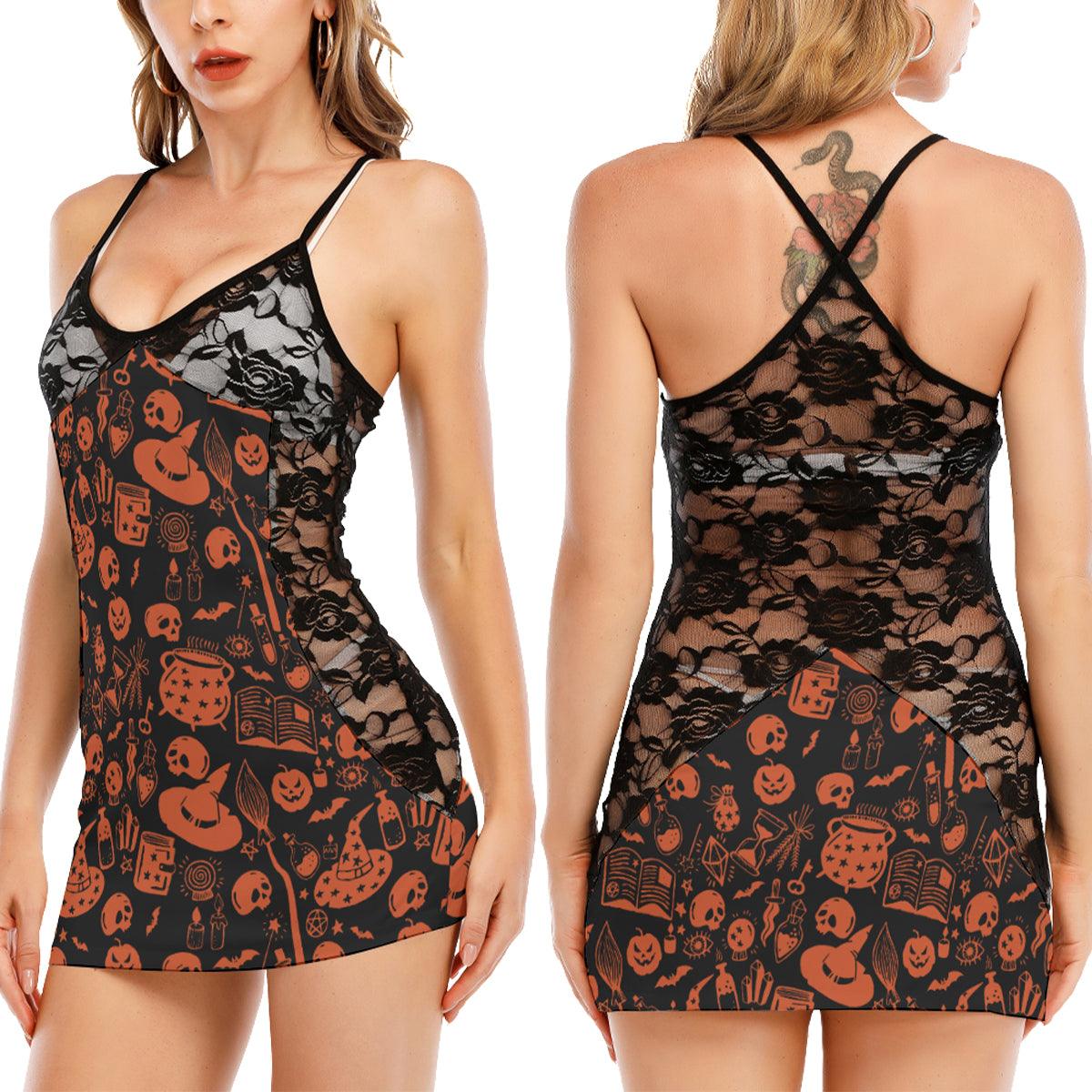 Halloween Orange & Black Pattern All-Over Print Women Black Lace Cami Dress, Sexy Nightgown For Women - Wonder Skull