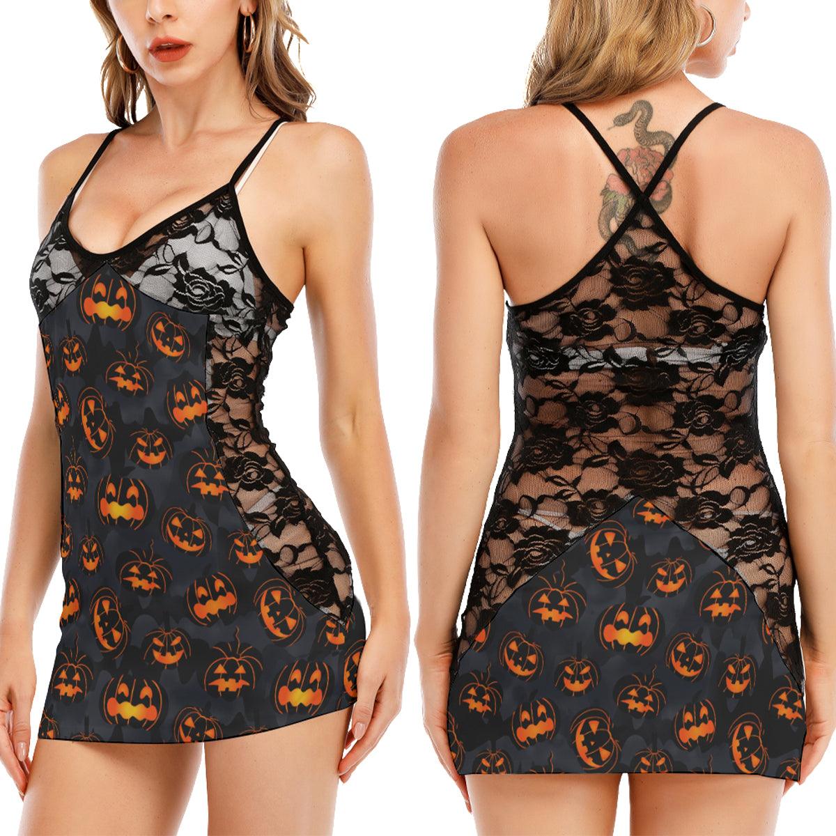 Scary Orange & Black Pumpkin Pattern All-Over Print Women Black Lace Cami Dress, Sexy Nightgown For Women - Wonder Skull