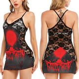 Halloween Bat Strawman Spider All-Over Print Women Black Lace Cami Dress, Hot Red Blood Nightwear For Women - Wonder Skull
