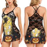 Horror Boo Pumpkin All-Over Print Women Black Lace Cami Dress, Sexy Sweet Dream Artwork Nightwear For Women - Wonder Skull