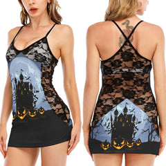 Halloween Night Pumpkin All-Over Print Women Black Lace Cami Dress, Slay Nightwear For Women - Wonder Skull