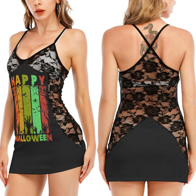 Happy Halloween All-Over Print Women Black Lace Cami Dress, Hot Nightwear For Women - Wonder Skull