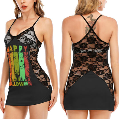 Happy Halloween All-Over Print Women Black Lace Cami Dress, Hot Nightwear For Women - Wonder Skull