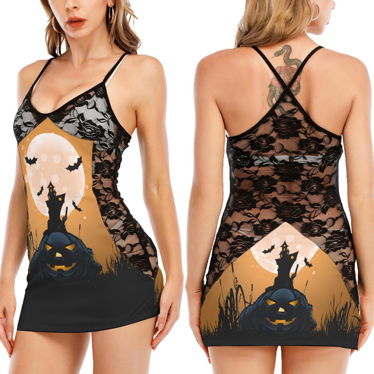 Horror Bat Pumpkin All-Over Print Women Black Lace Cami Dress, Sexy Sweet Dream Artwork Nightwear For Women - Wonder Skull