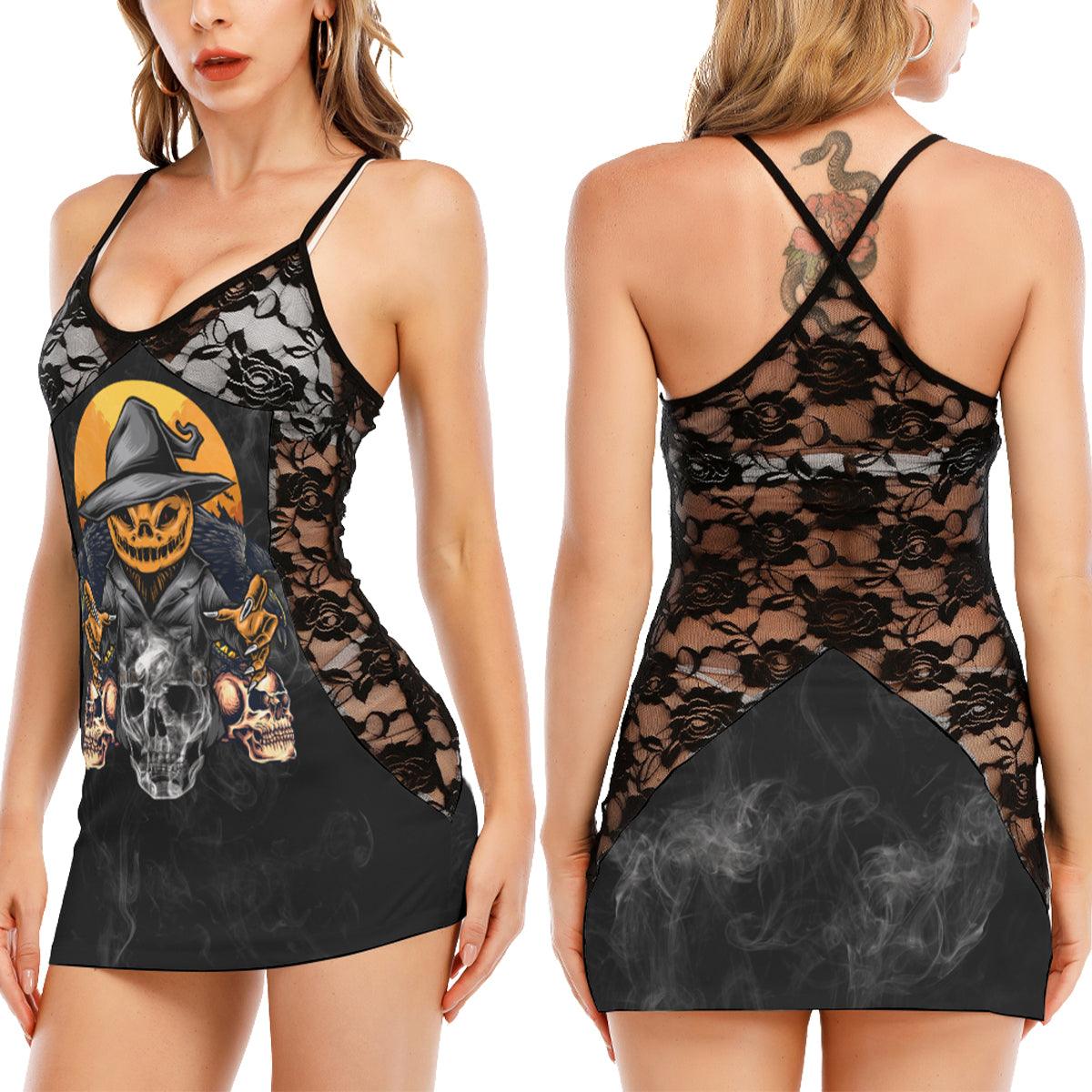 Horror Skull Strawman All-Over Print Women Black Lace Cami Dress, Slay Nightwear For Women - Wonder Skull