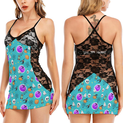 Halloween Blue Pastel Pattern All-Over Print Women Black Lace Cami Dress, Sexy Nightwear For Women - Wonder Skull