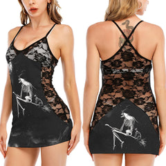 Witchy On Sky All-Over Print Women Black Lace Cami Dress, Slay Nightwear For Women - Wonder Skull