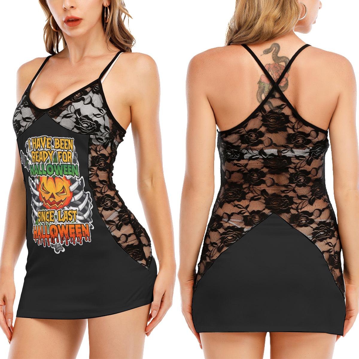 Ready For Halloween All-Over Print Women Black Lace Cami Dress, Hot Nightwear For Women - Wonder Skull