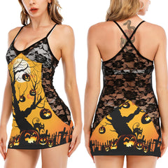 Halloween Pumpkin Tree All-Over Print Women Black Lace Cami Dress, Slay Nightwear For Women - Wonder Skull