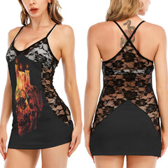 Halloween Skull Candle All-Over Print Women Black Lace Cami Dress, Slay Nightwear For Women - Wonder Skull