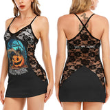 Halloween Pumpkin Spider All-Over Print Women Black Lace Cami Dress, Hot Nightwear For Women - Wonder Skull