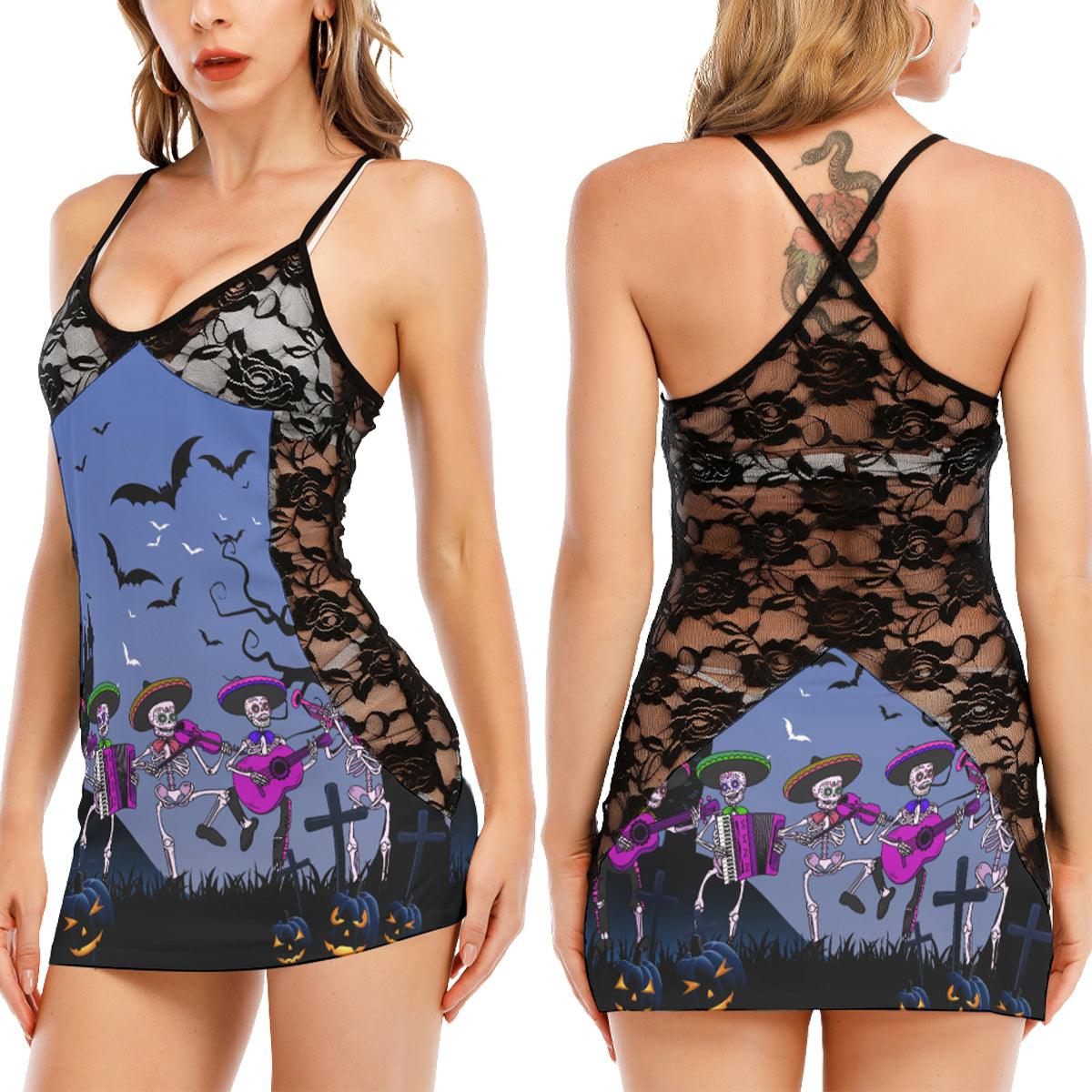 Mexico Skull Band All-Over Print Women Black Lace Cami Dress, Sexy Nightwear For Women - Wonder Skull