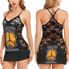 Hippie Halloween All-Over Print Women Black Lace Cami Dress, Slay Nightwear For Women - Wonder Skull