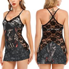 Horror Skull Gothic All-Over Print Women Black Lace Cami Dress, Sexy Sleevless Sleepwear For Women - Wonder Skull