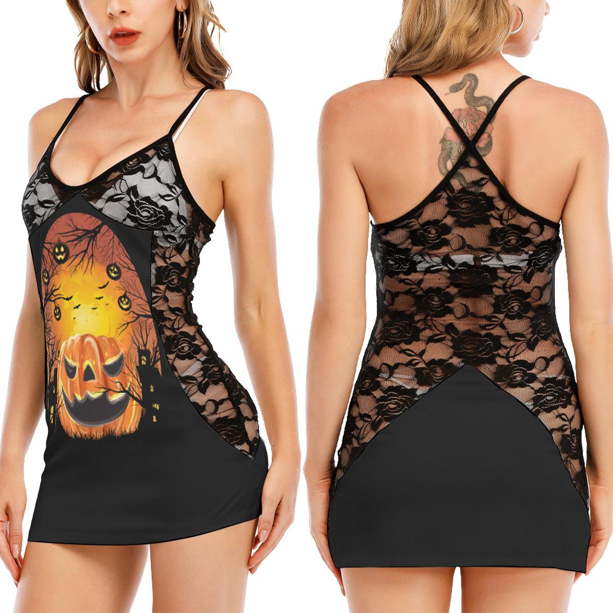 Halloween Orange & Black Pumpkin All-Over Print Women Black Lace Cami Dress, Slay Nightwear For Women - Wonder Skull
