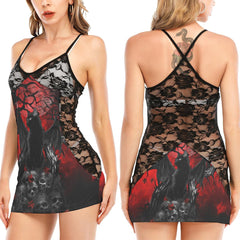 Halloween Scary Cat All-Over Print Women Black Lace Cami Dress, Sexy Sleevless Sleepwear For Women - Wonder Skull