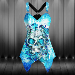 Blue Butterfly Skull Gothic Women's Racing Tank Top With Irregular - Wonder Skull