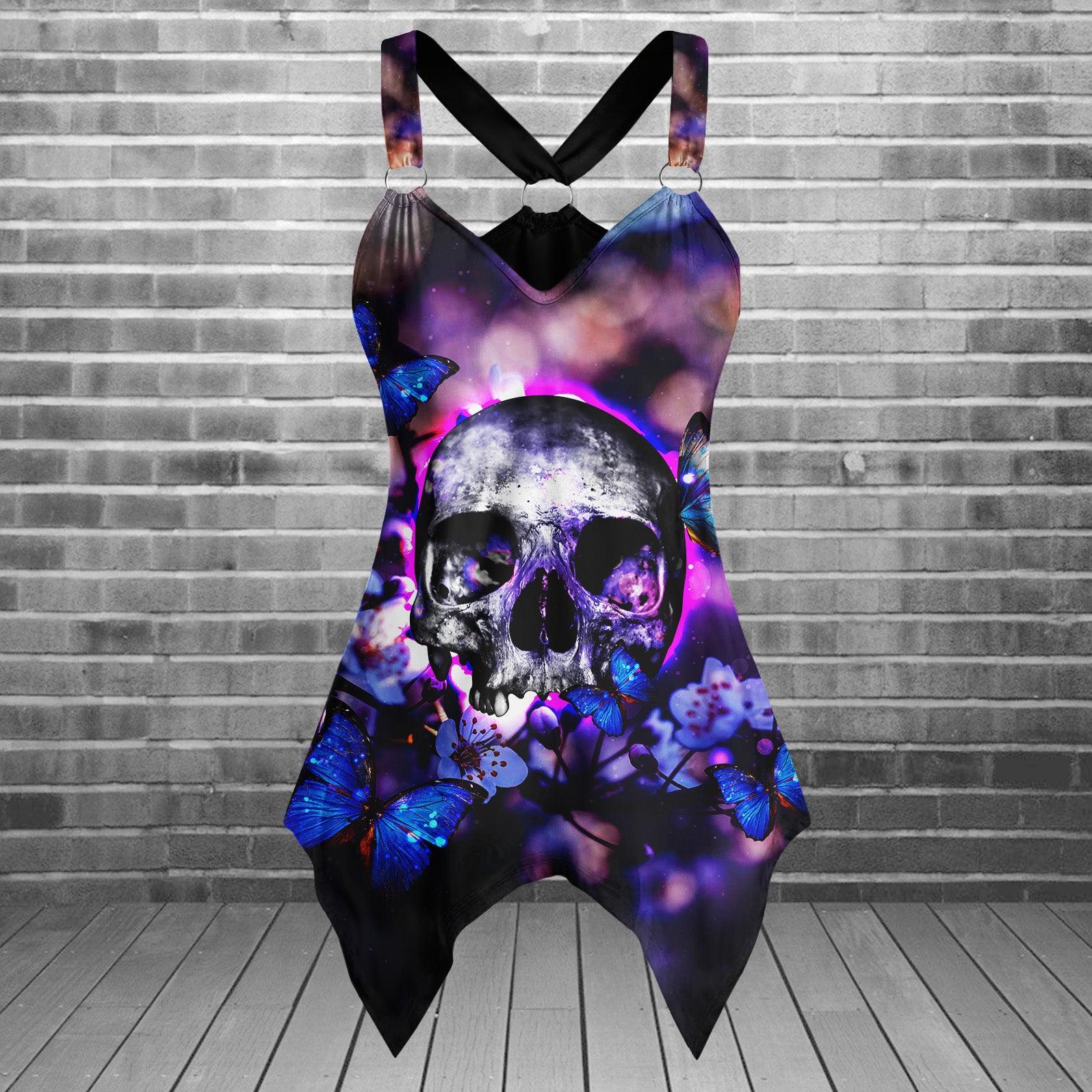 Purple Butterfly Skull Gothic Women's Racing Tank Top With Irregular - Wonder Skull