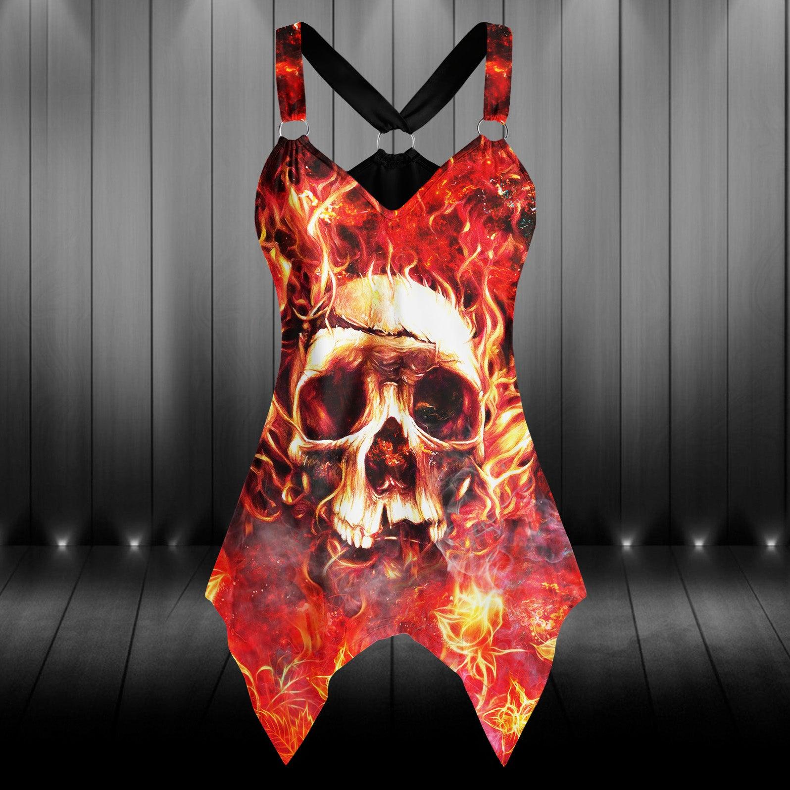 Fire Skull Gothic Women's Racing Tank Top With Irregular - Wonder Skull