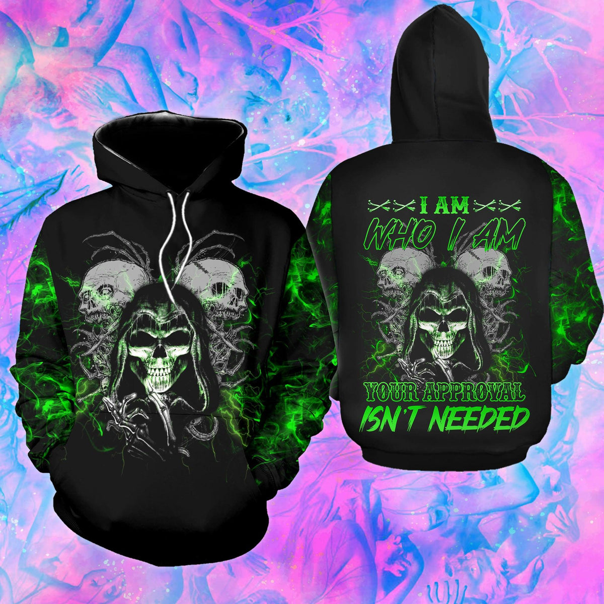 Green Skull I Am Who I Am Funny Hoodie For Women - Wonder Skull