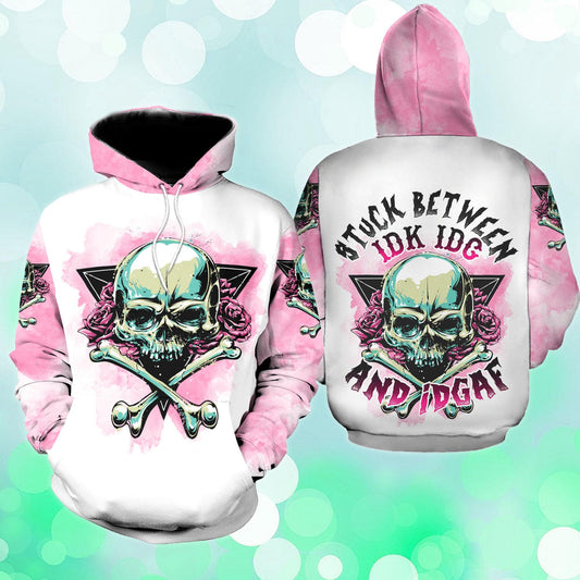Rose Skull Stuck Between IDK IDC IDGAF Funny Hoodie For Women - Wonder Skull