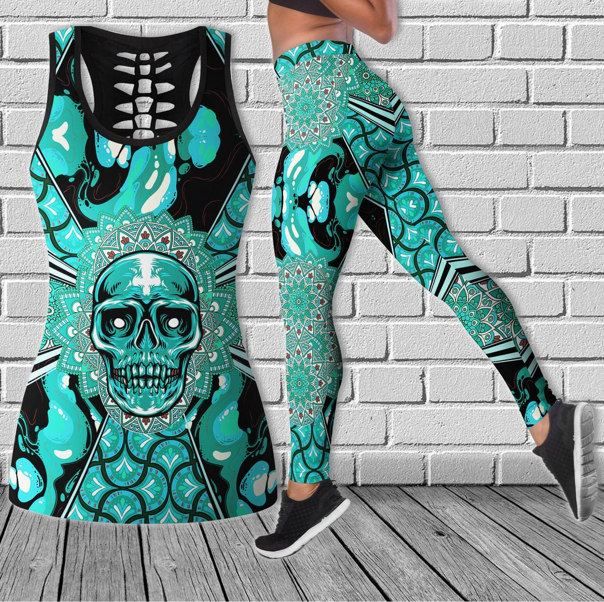 Skull Pattern Gothic Cyan Cool Combo Tanktop & Leggings Yoga - Wonder Skull
