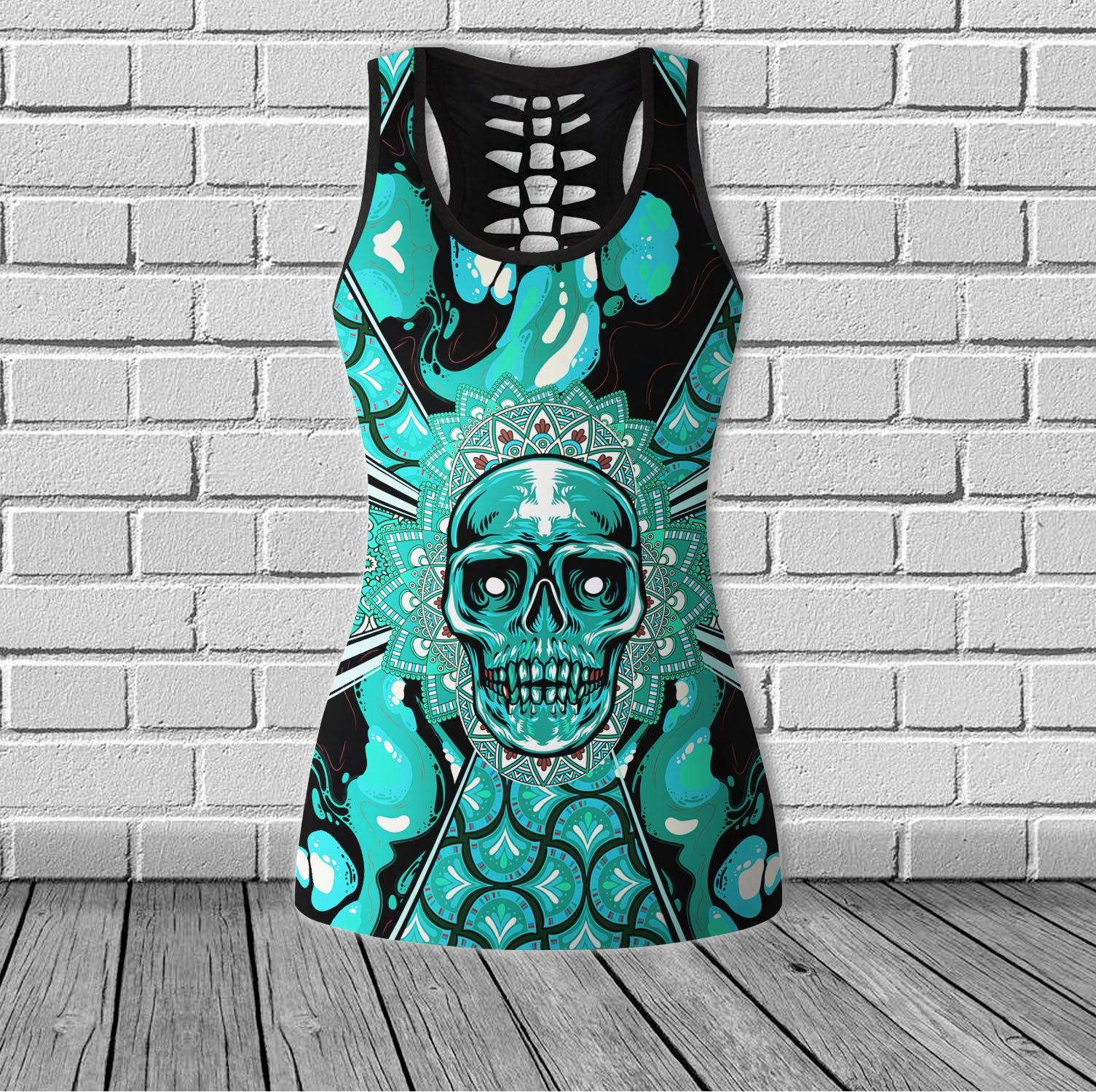 Skull Pattern Gothic Cyan Cool Combo Tanktop & Leggings Yoga - Wonder Skull