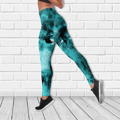 Cool Flower Skull Pattern Cyan Combo Tanktop & Leggings - Wonder Skull