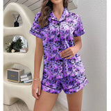 Skull Flower Purple Sexy Pajama Sets With Short Sleeve - Wonder Skull