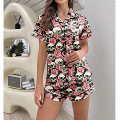 Skull Rose Pattern Sexy Pajama Sets With Short Sleeve - Wonder Skull