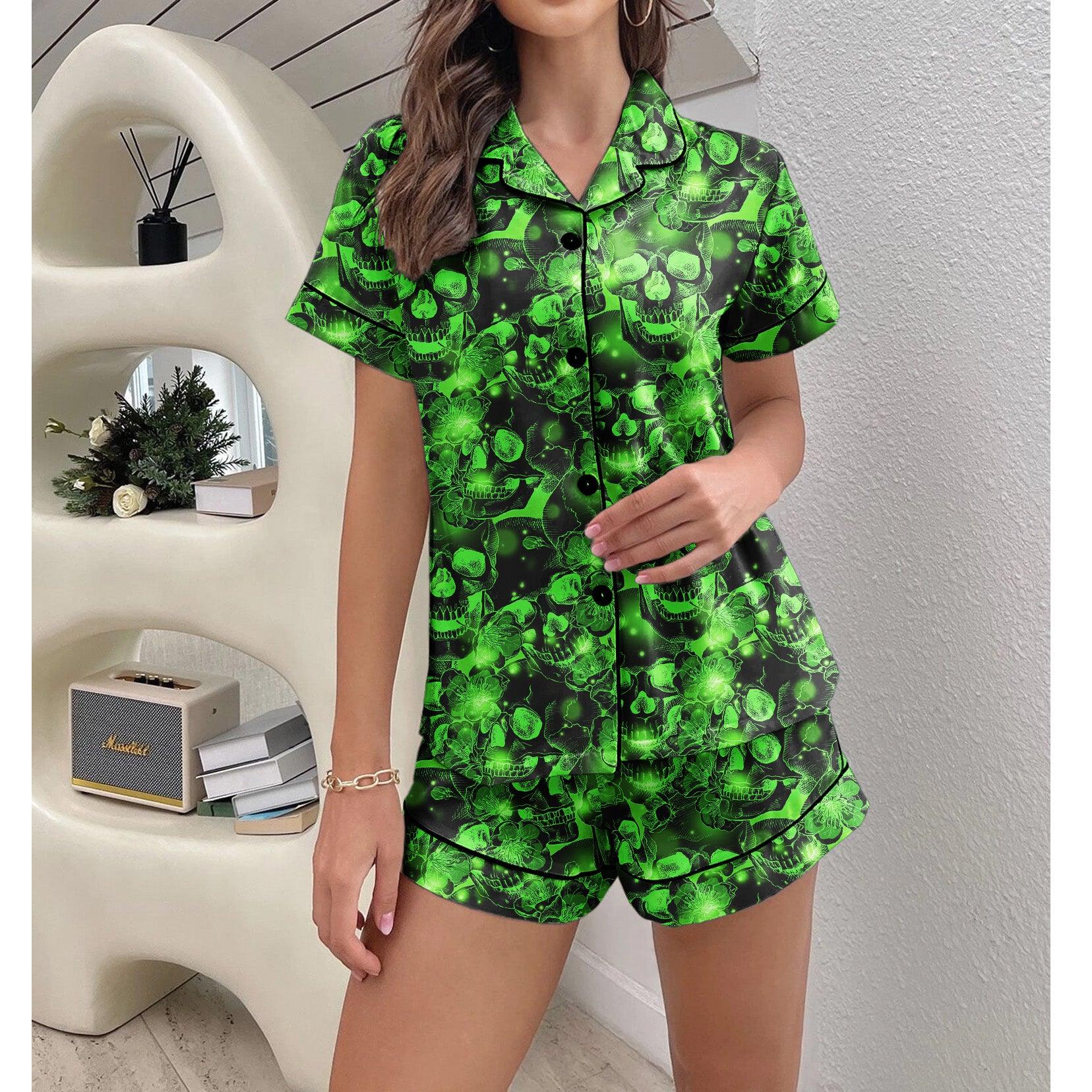Skull Gothic Green Sexy Pajama Sets With Short Sleeve - Wonder Skull