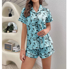 Skull Flower Gothic Cyan Sexy Pajama Sets With Short Sleeve - Wonder Skull