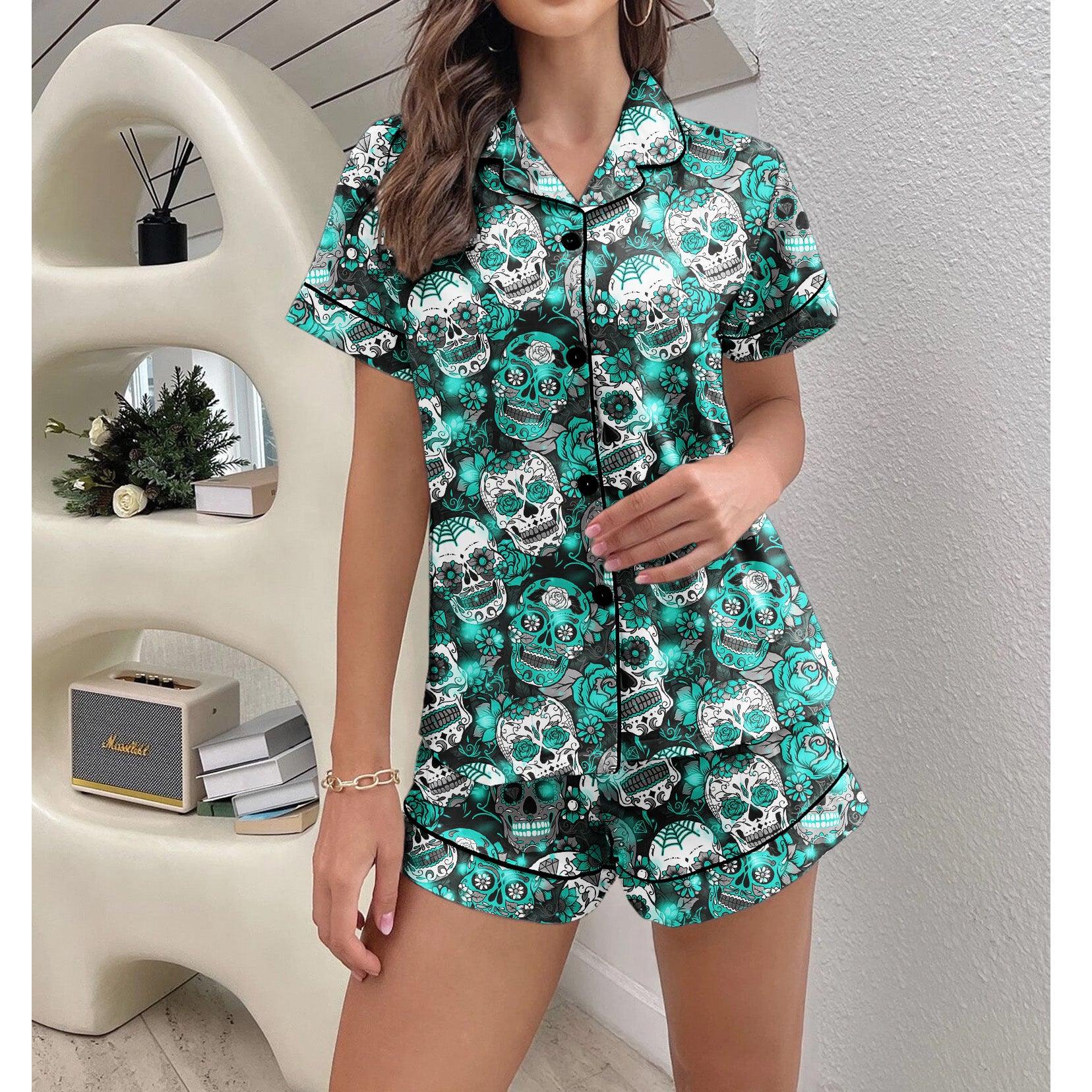 Skull Sugar Cyan Sexy Pajama Sets With Short Sleeve - Wonder Skull