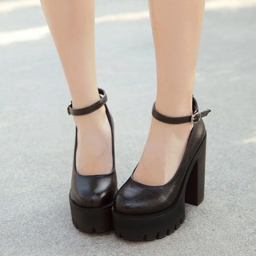 Minimalist Gothic Ankle Strap Platform Court Pumps, Fashionable High Heel Shoes For Women - Wonder Skull