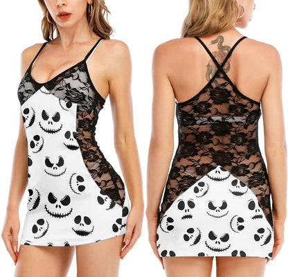 Unique Nightmare Pattern White Lace Cami Babydoll - Wonder Skull