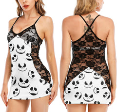 Unique Nightmare Pattern White Lace Cami Babydoll - Wonder Skull