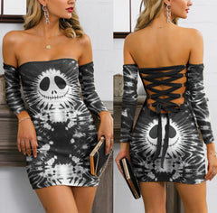 Nightmare Tiedye Gray Off-shoulder Back Lace-up Dress - Wonder Skull