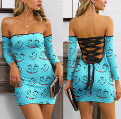 Nightmare Pattern Blue Off-shoulder Back Lace-up Dress - Wonder Skull