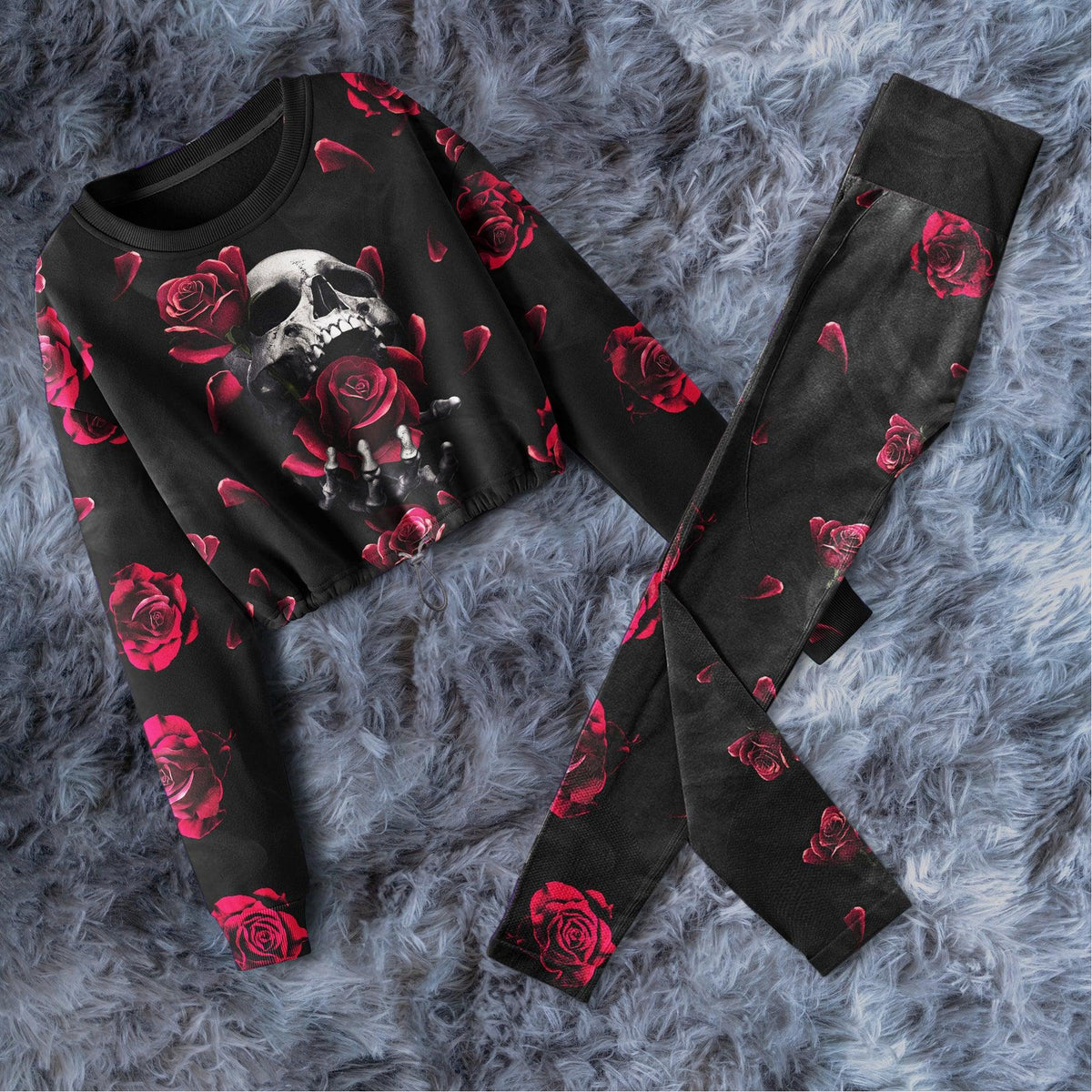Skull Hand Rose Pattern Combo Long Sleeve Sweatshirt and Leggings - Wonder Skull