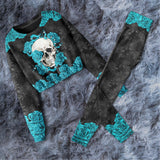 Skull Rose Cyan Combo Long Sleeve Sweatshirt and Leggings - Wonder Skull