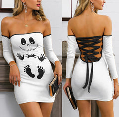 Nightmare Footprints White Off-shoulder Back Lace-up Dress - Wonder Skull