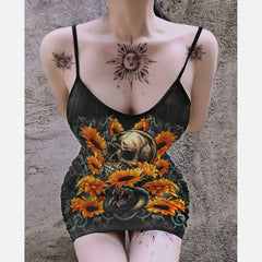 Sunflower Snake Skull Printed Body Dress, Hot Sleeveless Minidress For Women - Wonder Skull
