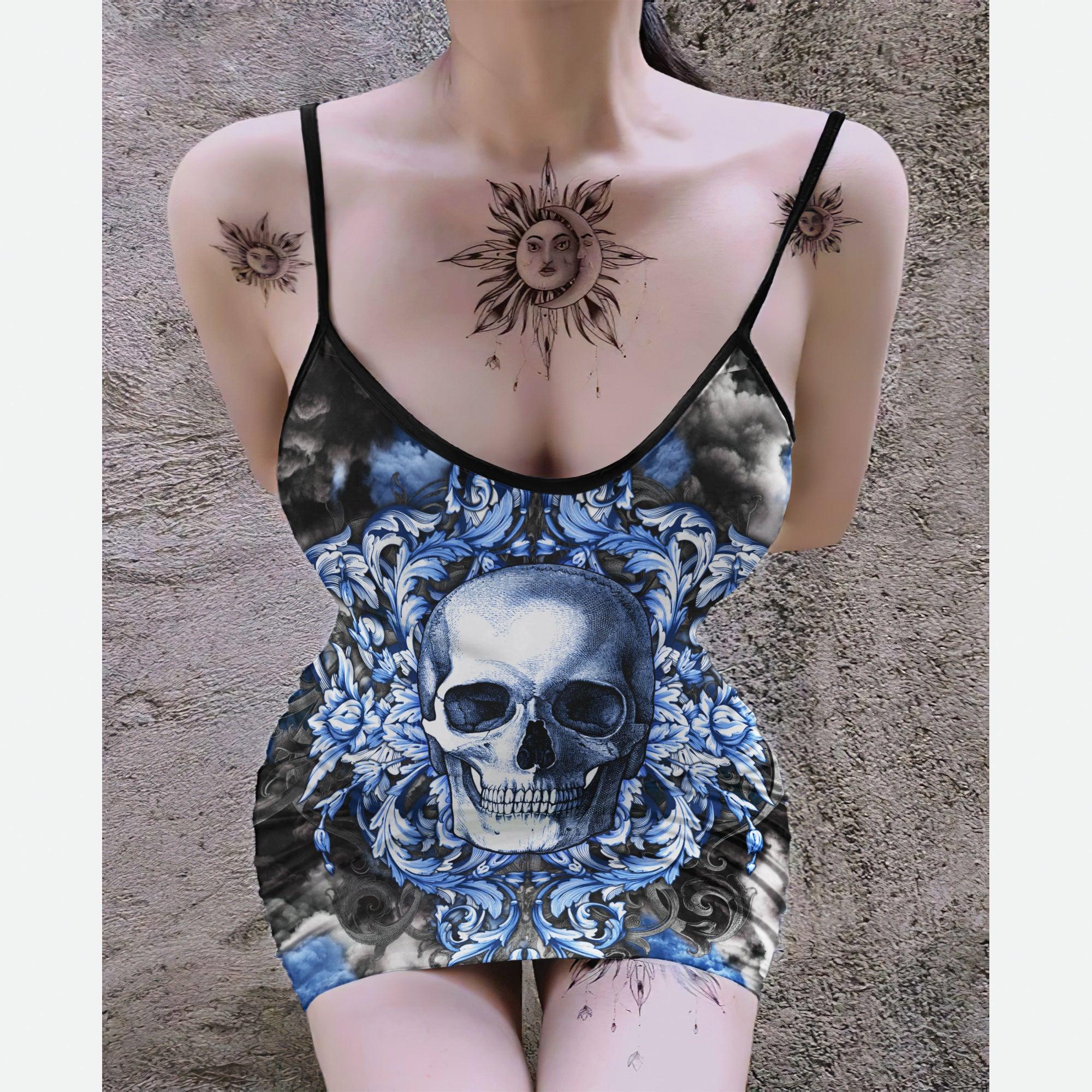 Blue Cloud Skull Printed Body Dress, Elegant Shape Out Sleeveless Minidress For Women - Wonder Skull